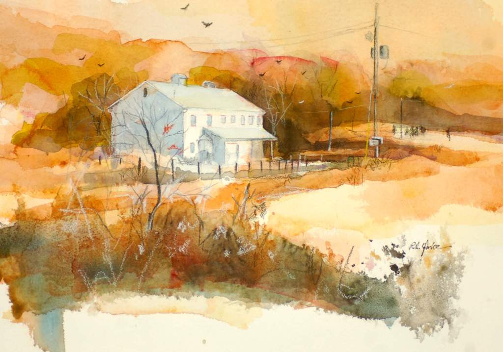 watercolor painting of Stanton's mil in fall 