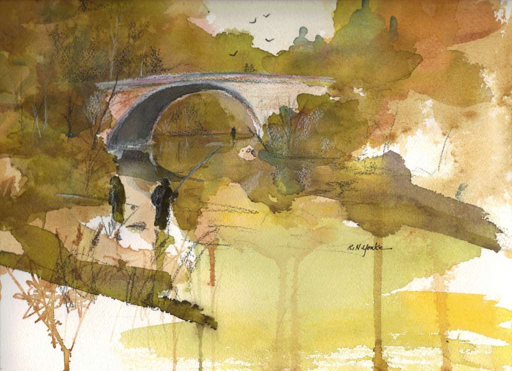 watercolor painting of the Casselman river bridge and the Casselman river during trout season with fly fisherman 