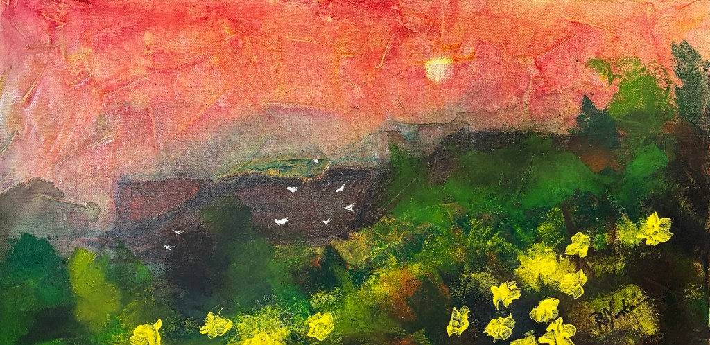 The Cliffs, a watercolor on canvas by Robert Yonke: Irish sea cliffs under a coral sunset sky, white seabirds, green slopes and yellow gorse in the foreground